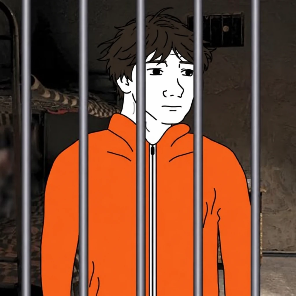 Illustrated Jonston Wojak behind prison bars